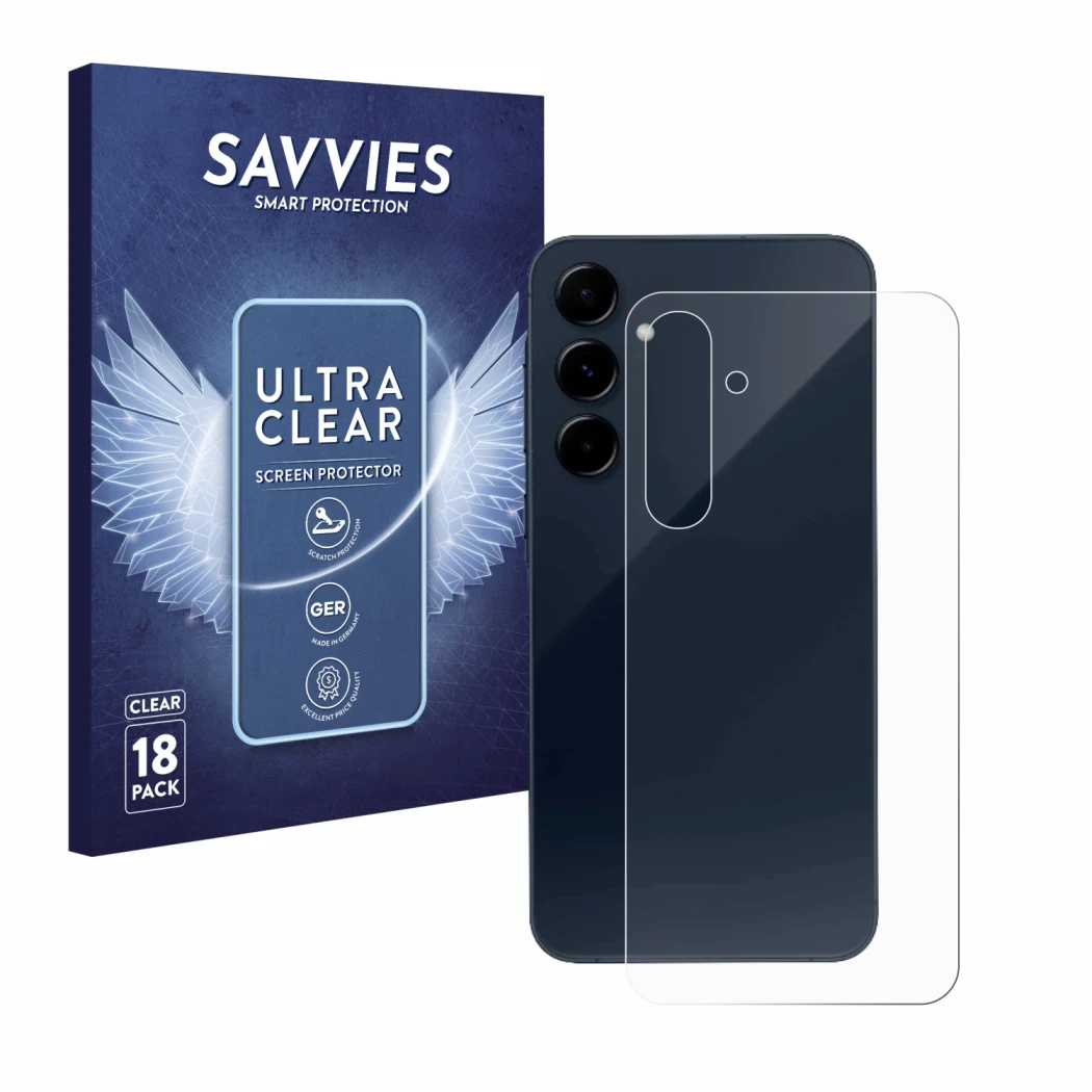 Face avant d’un emballage produit avec le logo de la marque Savvies. À côté, l’appareil Samsung Galaxy A35 5G (Arrière) est re