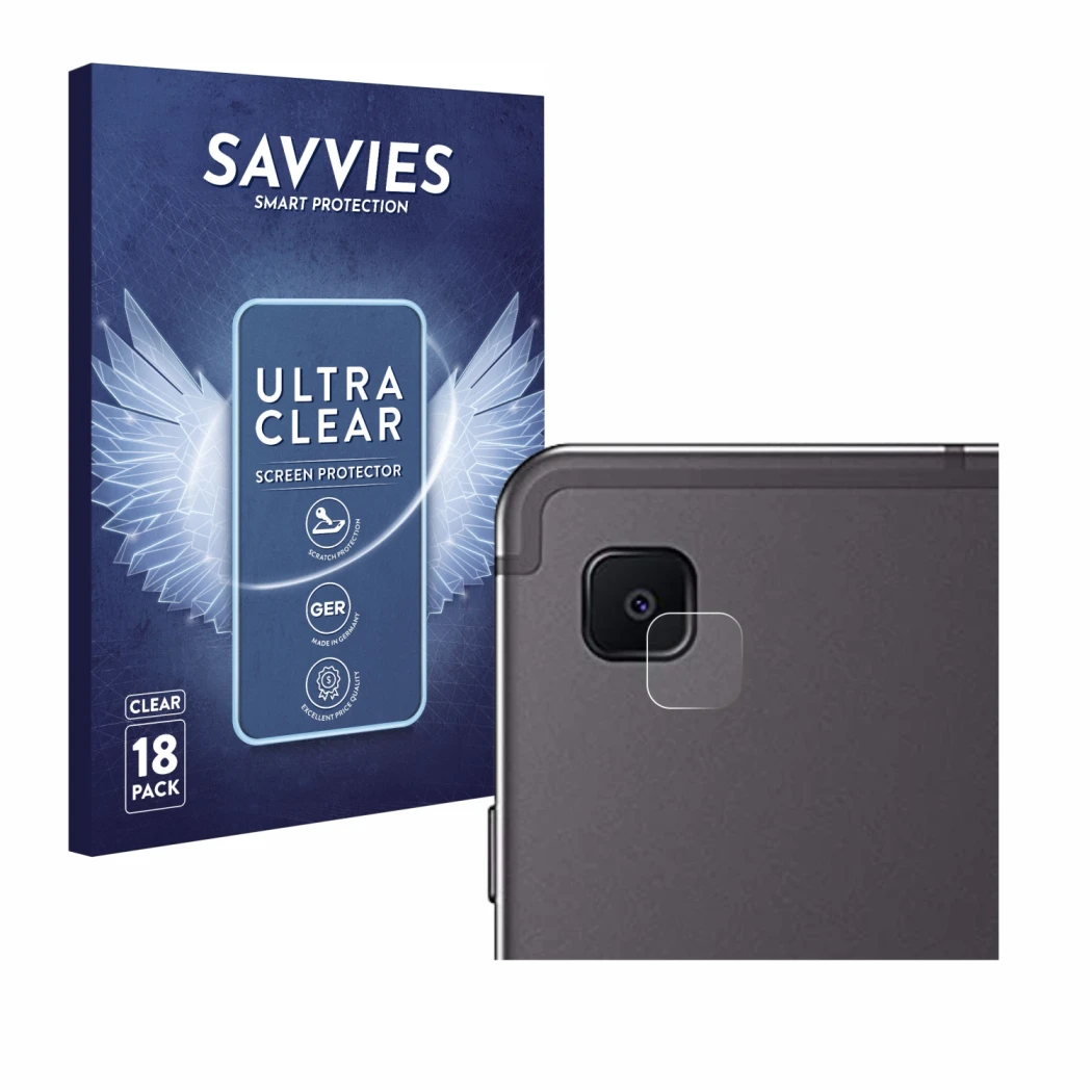 Face avant d’un emballage produit avec le logo de la marque Savvies. À côté, l’appareil Samsung Galaxy Tab S6 Lite WiFi 2024 (