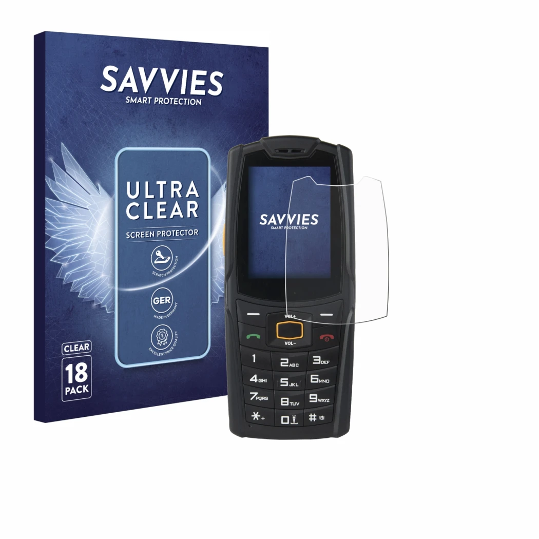 Face avant d’un emballage produit avec le logo de la marque Savvies. À côté, l’appareil AGM M6 est représenté avec la protecti