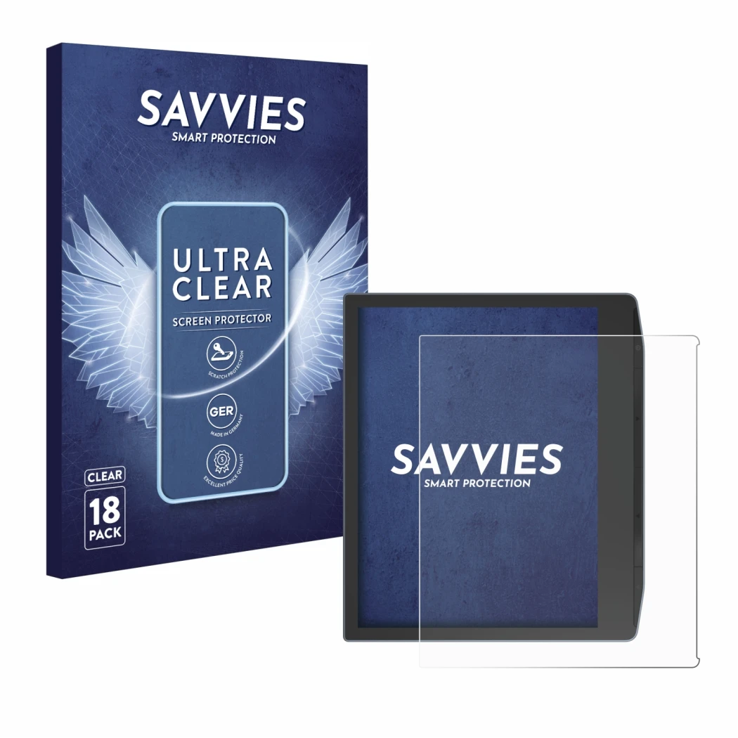 Face avant d’un emballage produit avec le logo de la marque Savvies. À côté, l’appareil PocketBook Era Color est représenté av