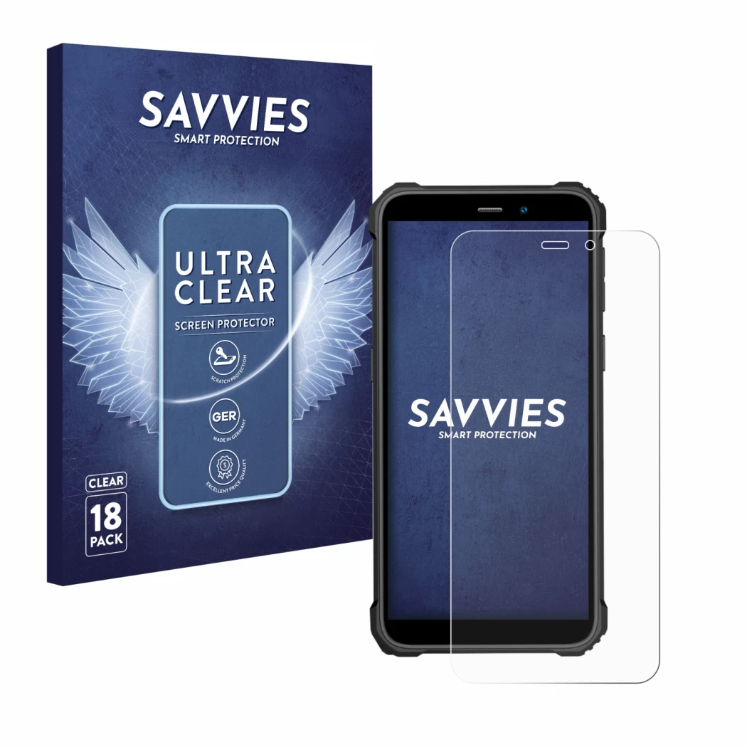 Face avant d’un emballage produit avec le logo de la marque Savvies. À côté, l’appareil Oukitel WP32 est représenté avec la pr