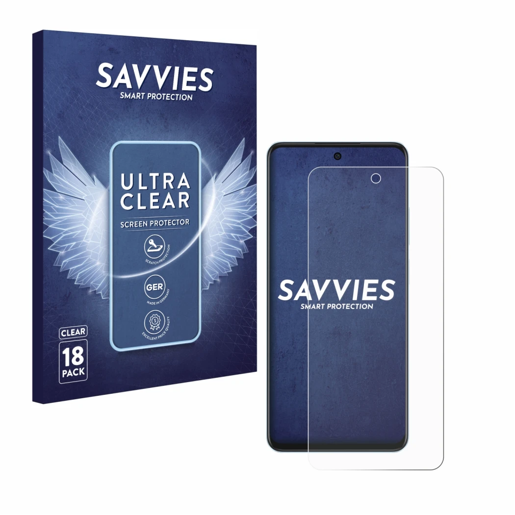 Face avant d’un emballage produit avec le logo de la marque Savvies. À côté, l’appareil Oppo A60 est représenté avec la protec