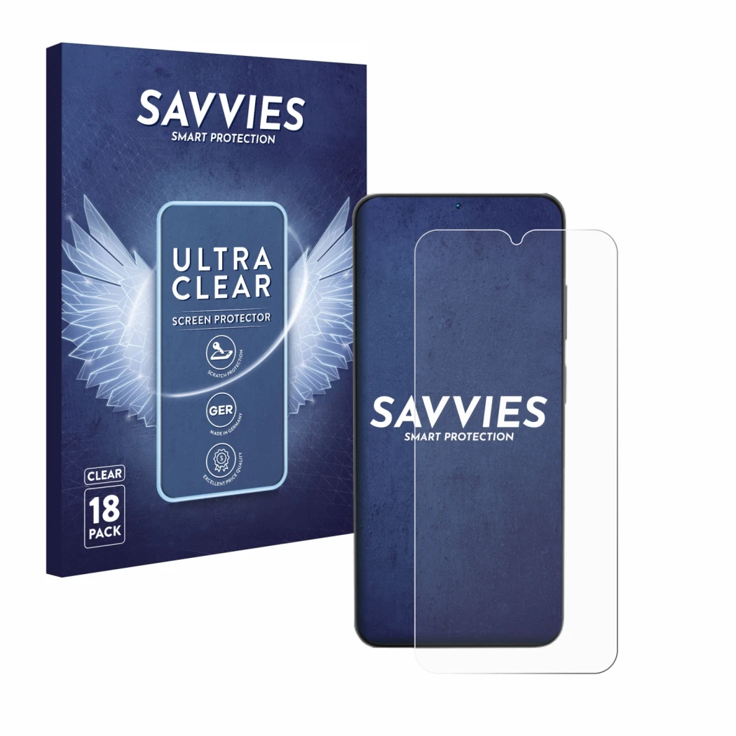 Face avant d’un emballage produit avec le logo de la marque Savvies. À côté, l’appareil Doogee N55 est représenté avec la prot