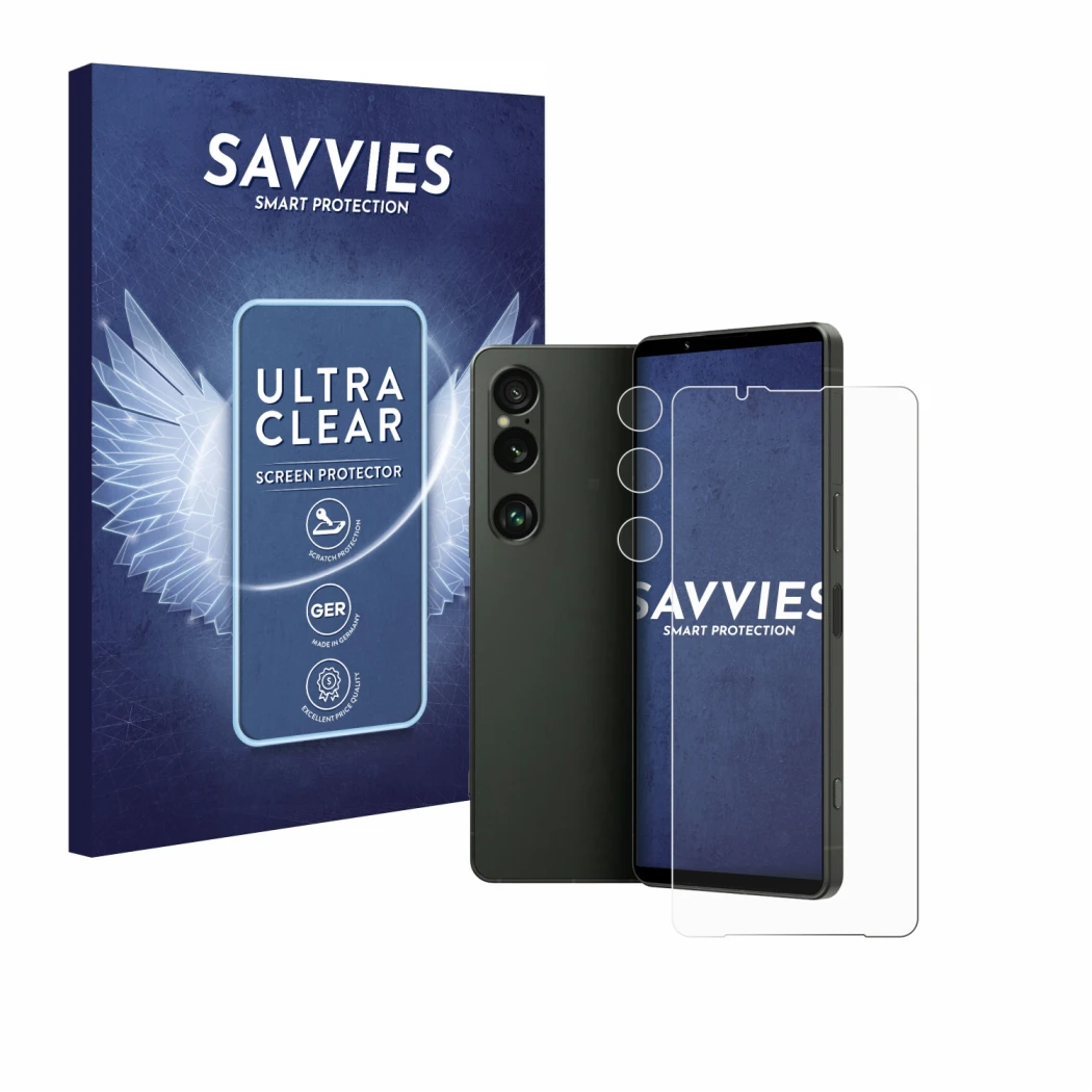 Face avant d’un emballage produit avec le logo de la marque Savvies. À côté, l’appareil Sony Xperia 1 VI (Avant+Caméra) est re