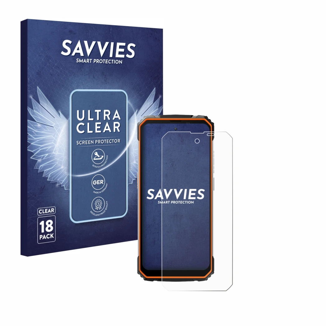 Face avant d’un emballage produit avec le logo de la marque Savvies. À côté, l’appareil Blackview BV8100 est représenté avec l