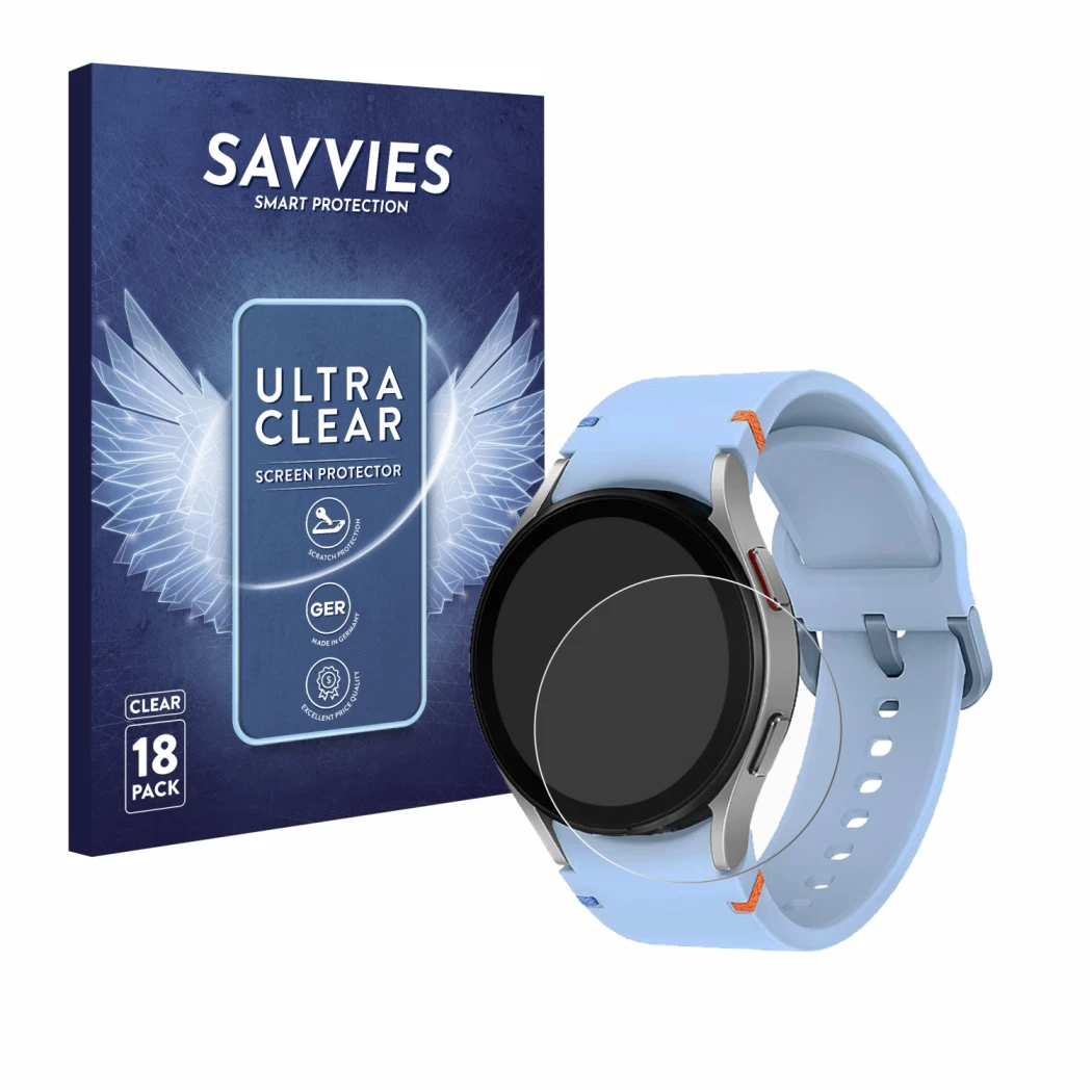 Face avant d’un emballage produit avec le logo de la marque Savvies. À côté, l’appareil Samsung Galaxy Watch FE est représenté