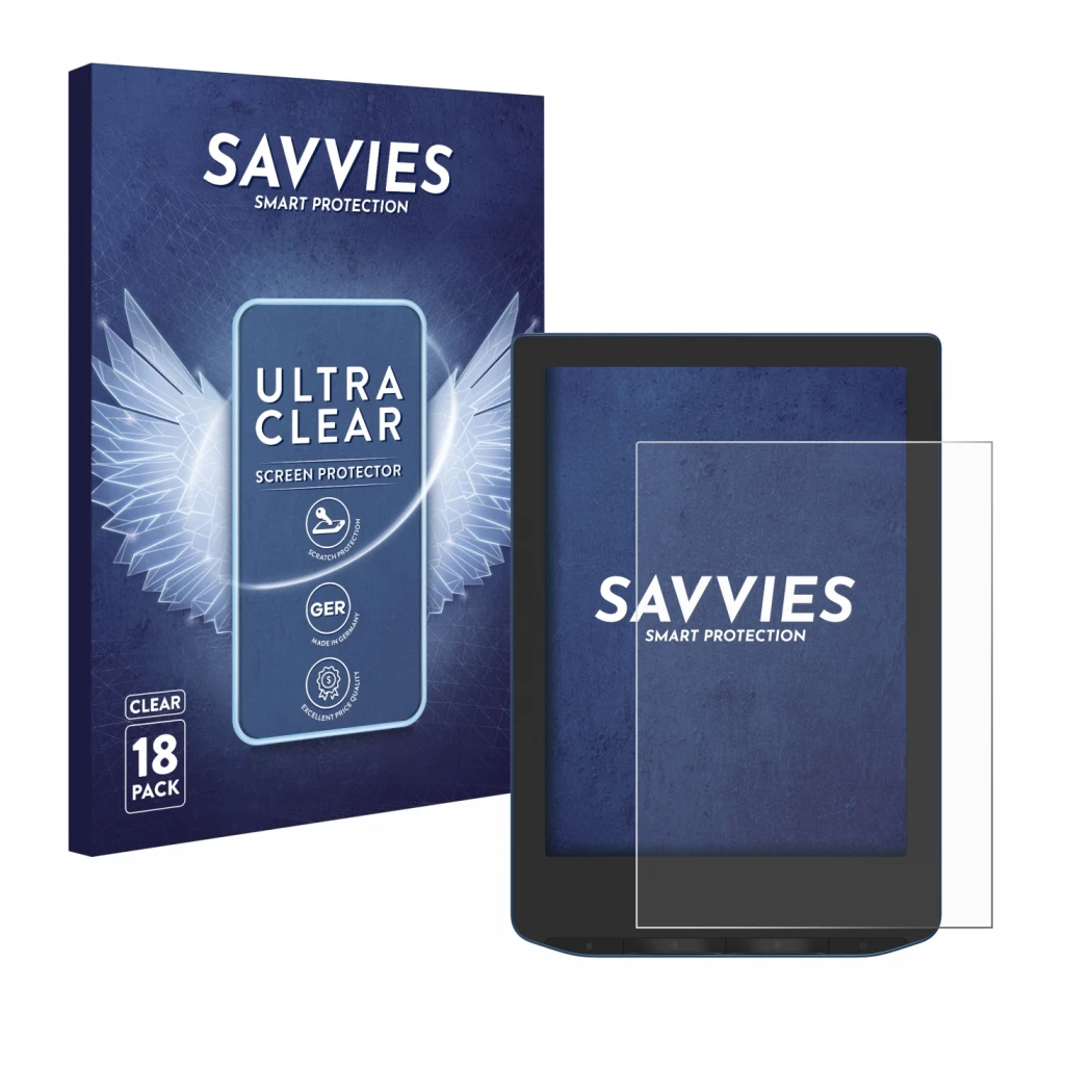 Face avant d’un emballage produit avec le logo de la marque Savvies. À côté, l’appareil PocketBook Verse Pro Color est représe