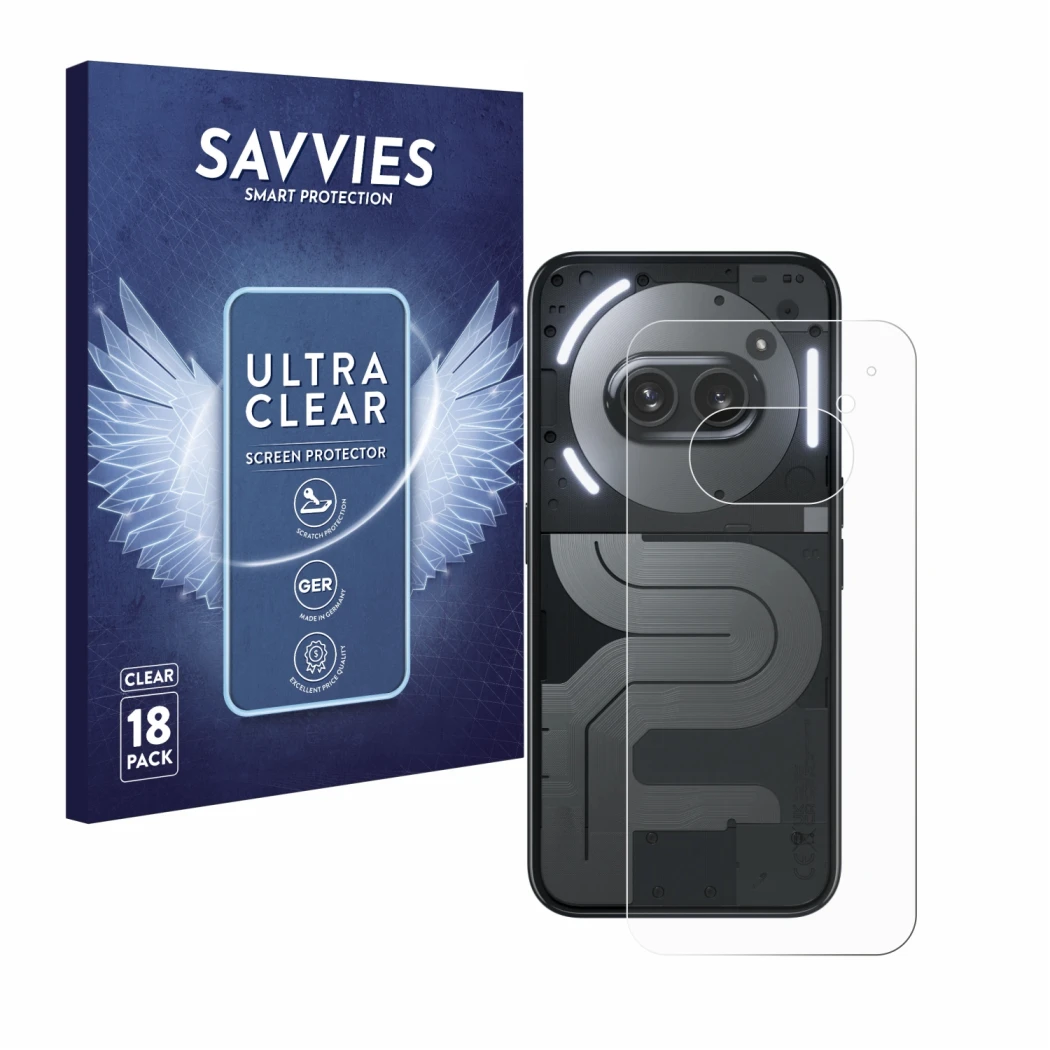 Face avant d’un emballage produit avec le logo de la marque Savvies. À côté, l’appareil Nothing Phone (2a) Plus (Arrière) est 