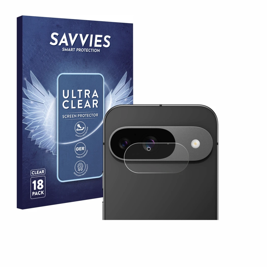 Face avant d’un emballage produit avec le logo de la marque Savvies. À côté, l’appareil Google Pixel 9 (Caméra UNIQUEMENT) est