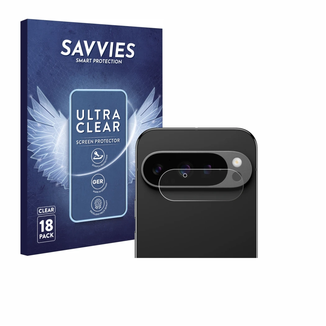 Face avant d’un emballage produit avec le logo de la marque Savvies. À côté, l’appareil Google Pixel 9 Pro (Caméra UNIQUEMENT)