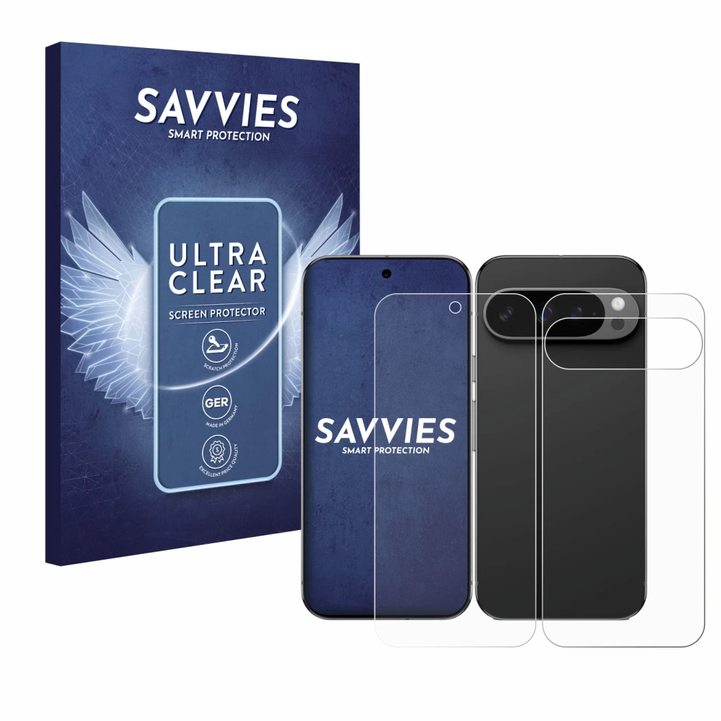 Face avant d’un emballage produit avec le logo de la marque Savvies. À côté, l’appareil Google Pixel 9 Pro XL (Avant+Arrière) 