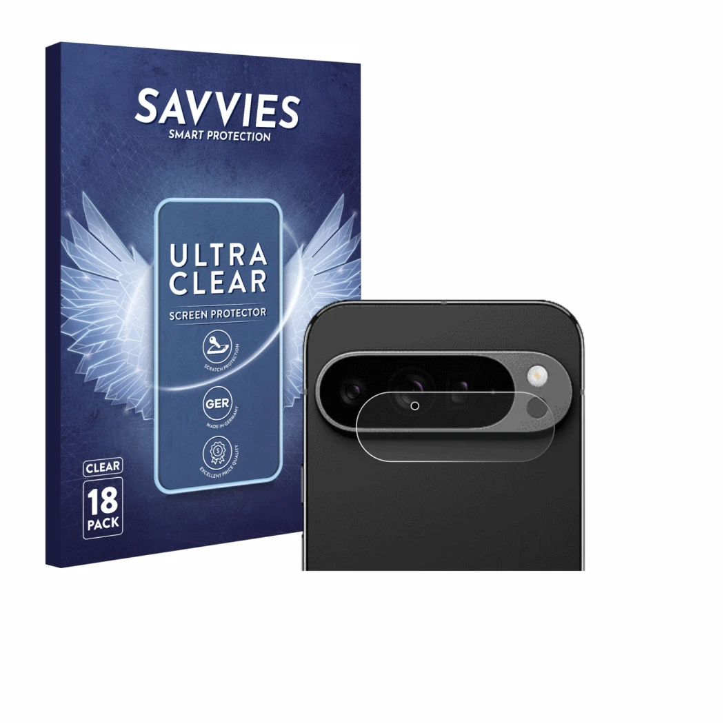 Face avant d’un emballage produit avec le logo de la marque Savvies. À côté, l’appareil Google Pixel 9 Pro XL (Caméra UNIQUEME