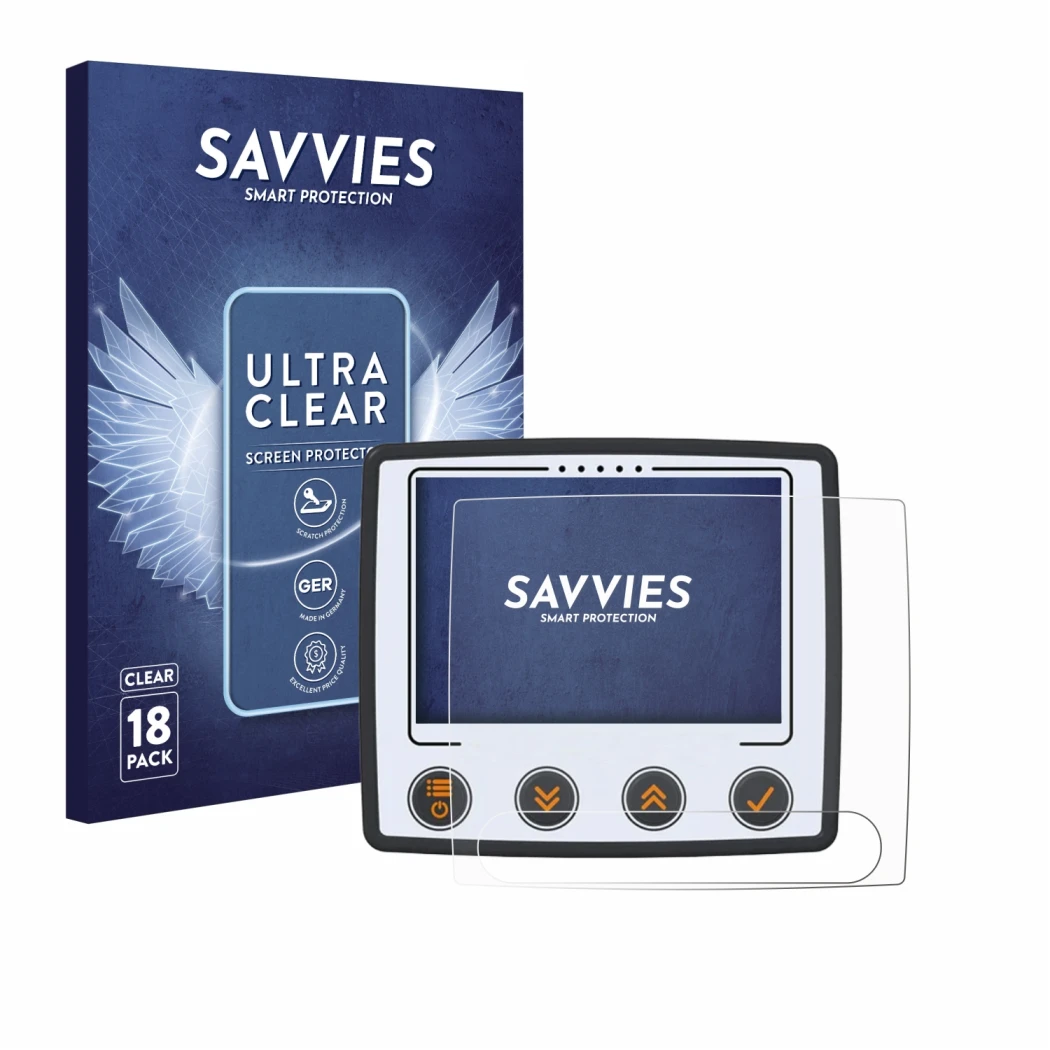 Face avant d’un emballage produit avec le logo de la marque Savvies. À côté, l’appareil Skytraxx 5 Mini est représenté avec la