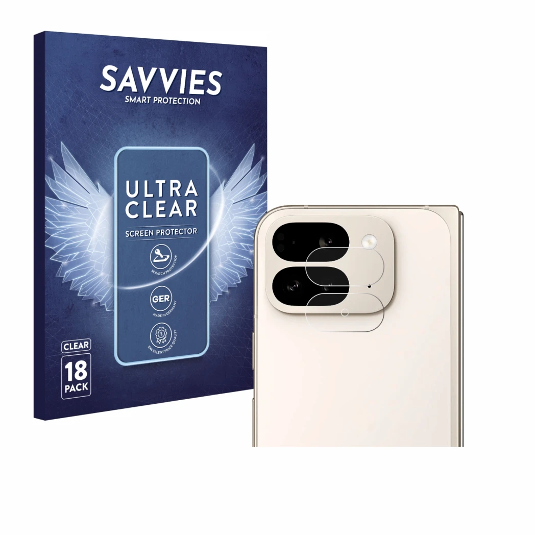Face avant d’un emballage produit avec le logo de la marque Savvies. À côté, l’appareil Google Pixel 9 Pro Fold (Caméra UNIQUE