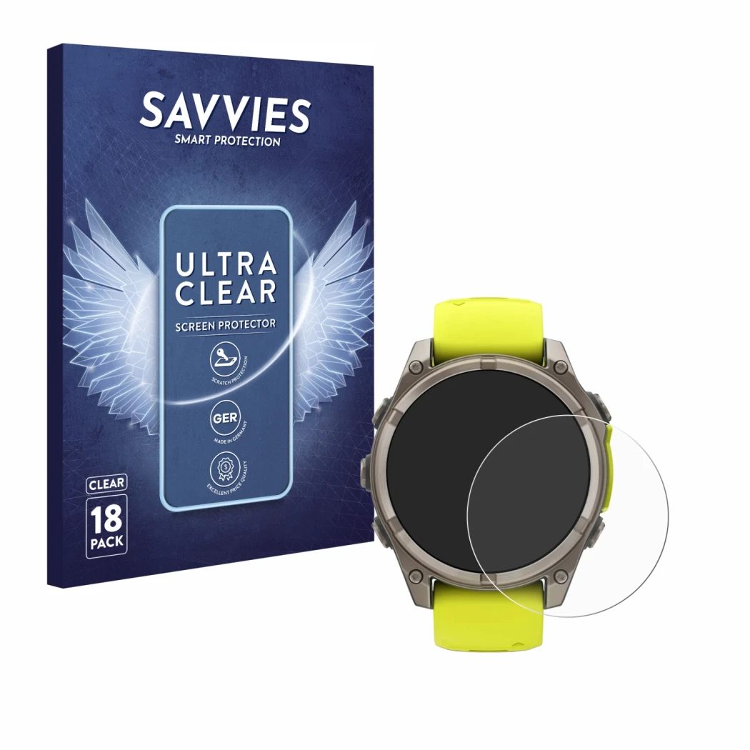 Face avant d’un emballage produit avec le logo de la marque Savvies. À côté, l’appareil Garmin Fenix 8 Solar (47 mm) est repré