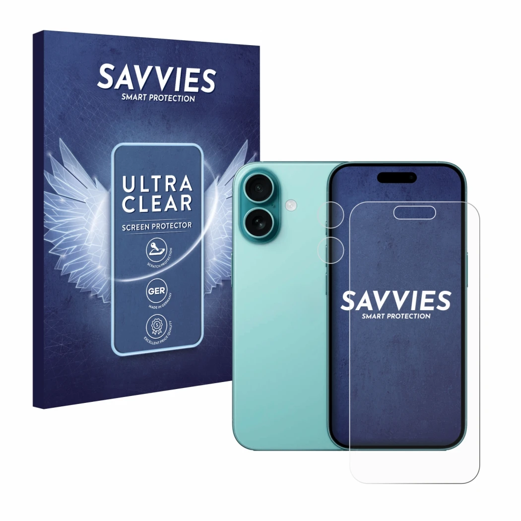 Face avant d’un emballage produit avec le logo de la marque Savvies. À côté, l’appareil Apple iPhone 16 (Avant+Caméra) est rep