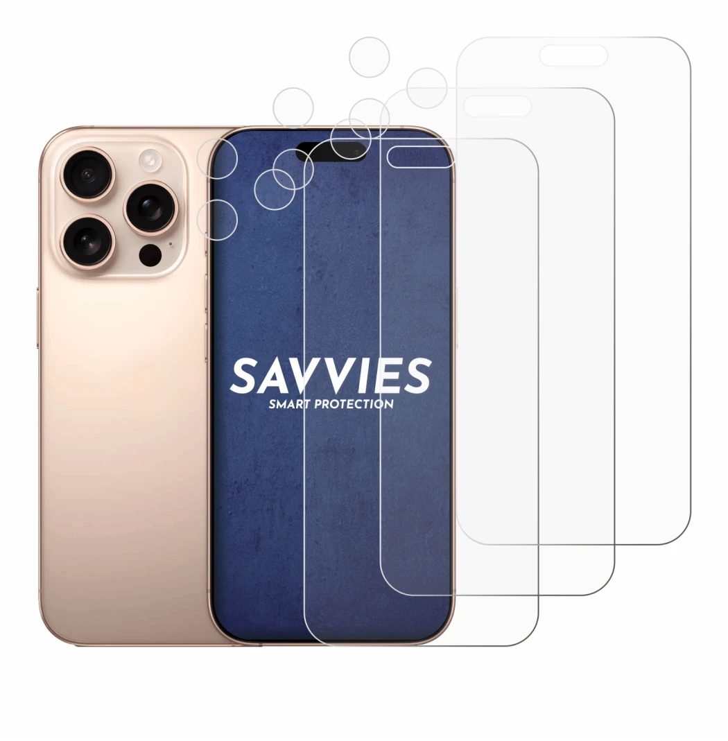 Image de l'appareil Apple iPhone 16 Pro Max (Avant+Caméra) avec une grande variété de protections d'écran.