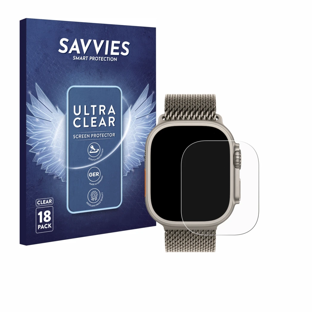 Face avant d’un emballage produit avec le logo de la marque Savvies. À côté, l’appareil Apple Watch Ultra 3 est représenté ave