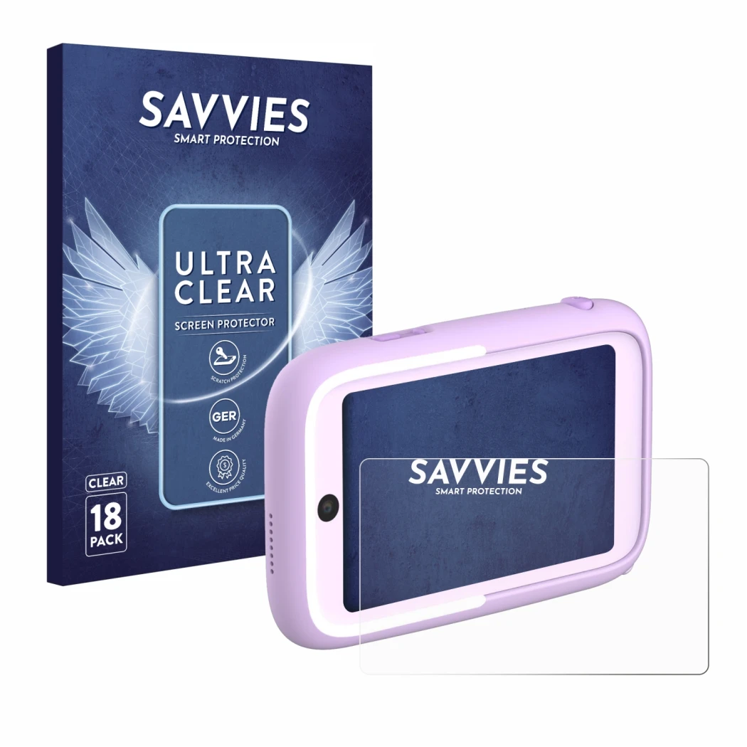 Face avant d’un emballage produit avec le logo de la marque Savvies. À côté, l’appareil Myfirst Camera 50 est représenté avec 