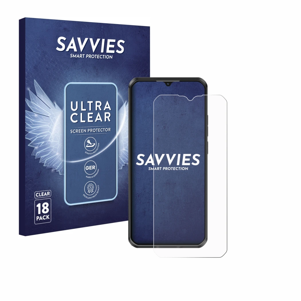 Face avant d’un emballage produit avec le logo de la marque Savvies. À côté, l’appareil Oukitel WP50 est représenté avec la pr