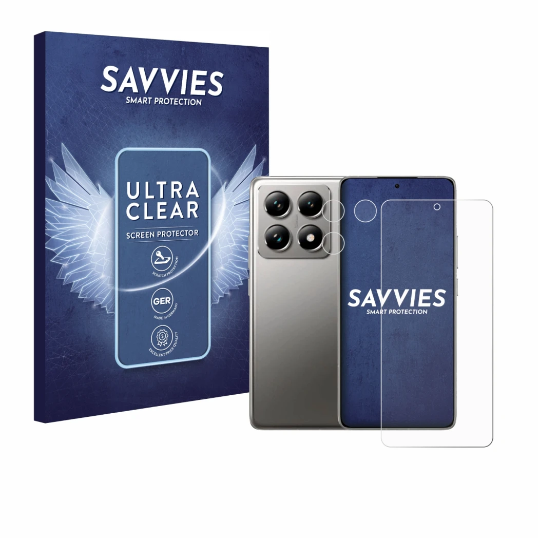 Face avant d’un emballage produit avec le logo de la marque Savvies. À côté, l’appareil Xiaomi 14T Pro (Avant+Caméra) est repr