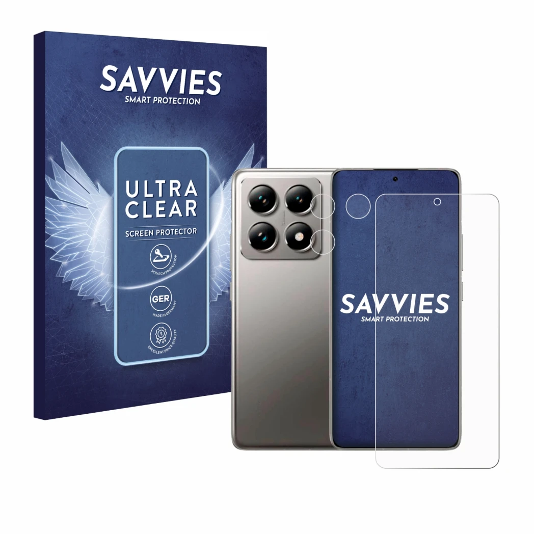 Face avant d’un emballage produit avec le logo de la marque Savvies. À côté, l’appareil Xiaomi 14T (Avant+Caméra) est représen