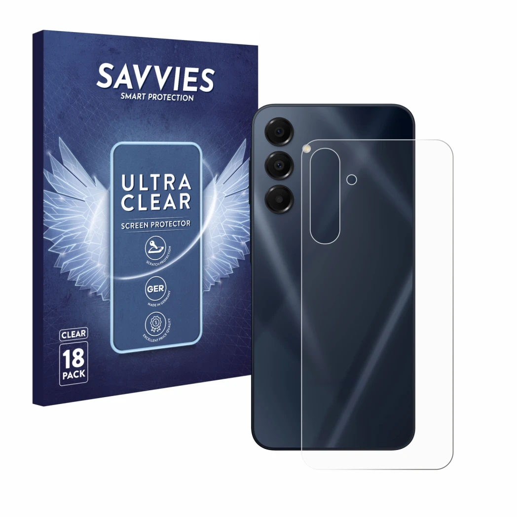 Face avant d’un emballage produit avec le logo de la marque Savvies. À côté, l’appareil Samsung Galaxy A16 5G (Arrière) est re
