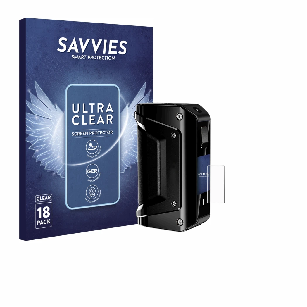 Face avant d’un emballage produit avec le logo de la marque Savvies. À côté, l’appareil geekvape Aegis 3 est représenté avec l