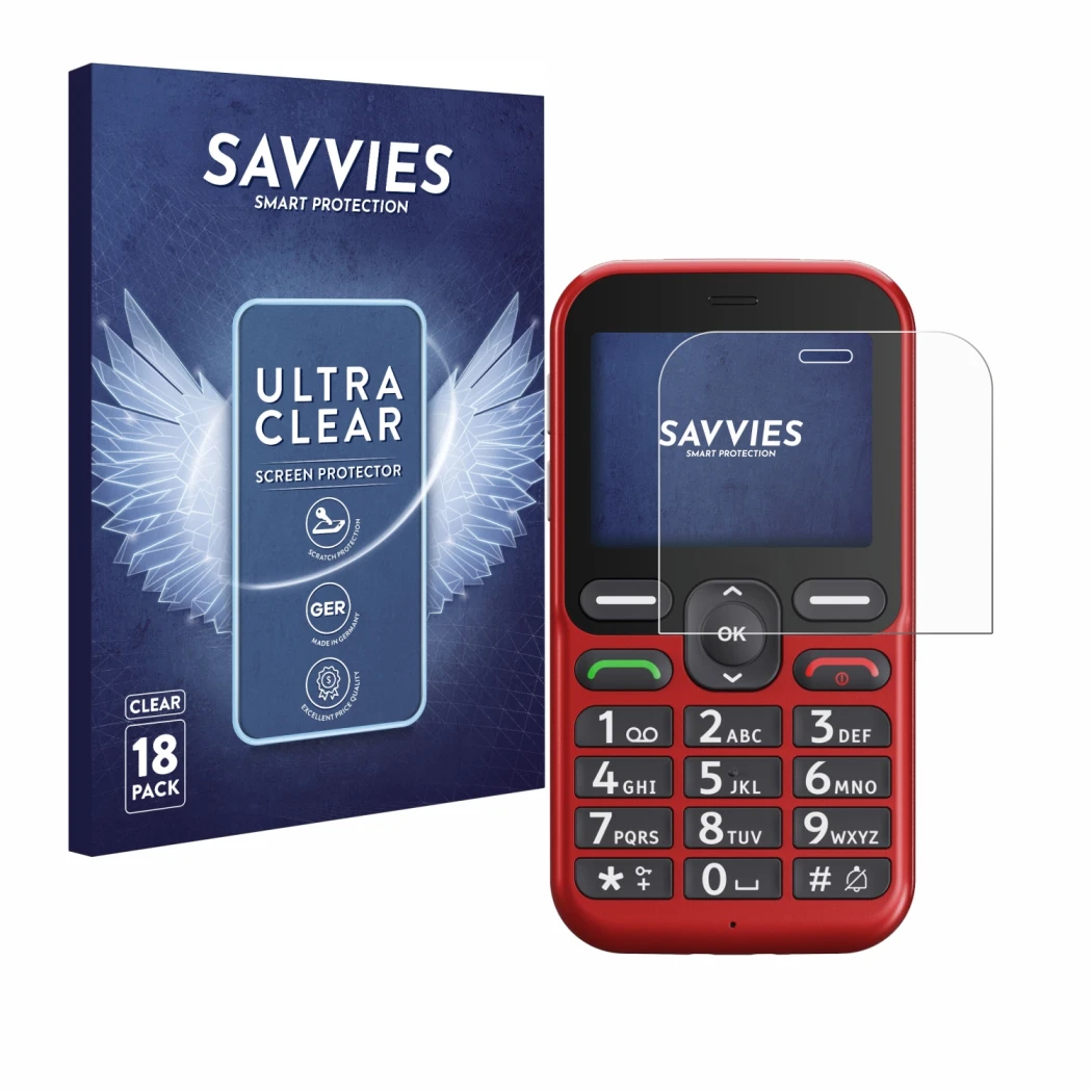 Face avant d’un emballage produit avec le logo de la marque Savvies. À côté, l’appareil Doro Leva L10 est représenté avec la p