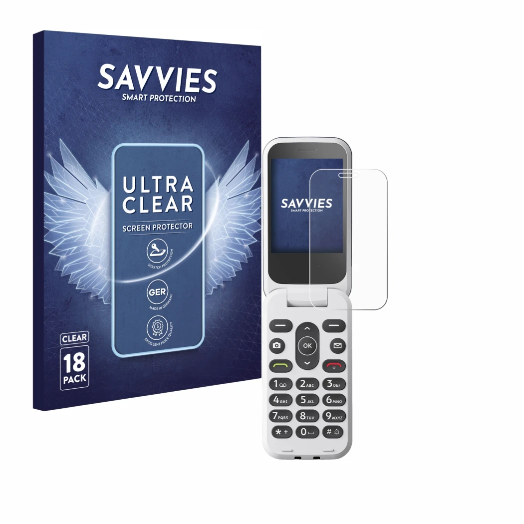 Face avant d’un emballage produit avec le logo de la marque Savvies. À côté, l’appareil Doro 2820 est représenté avec la prote