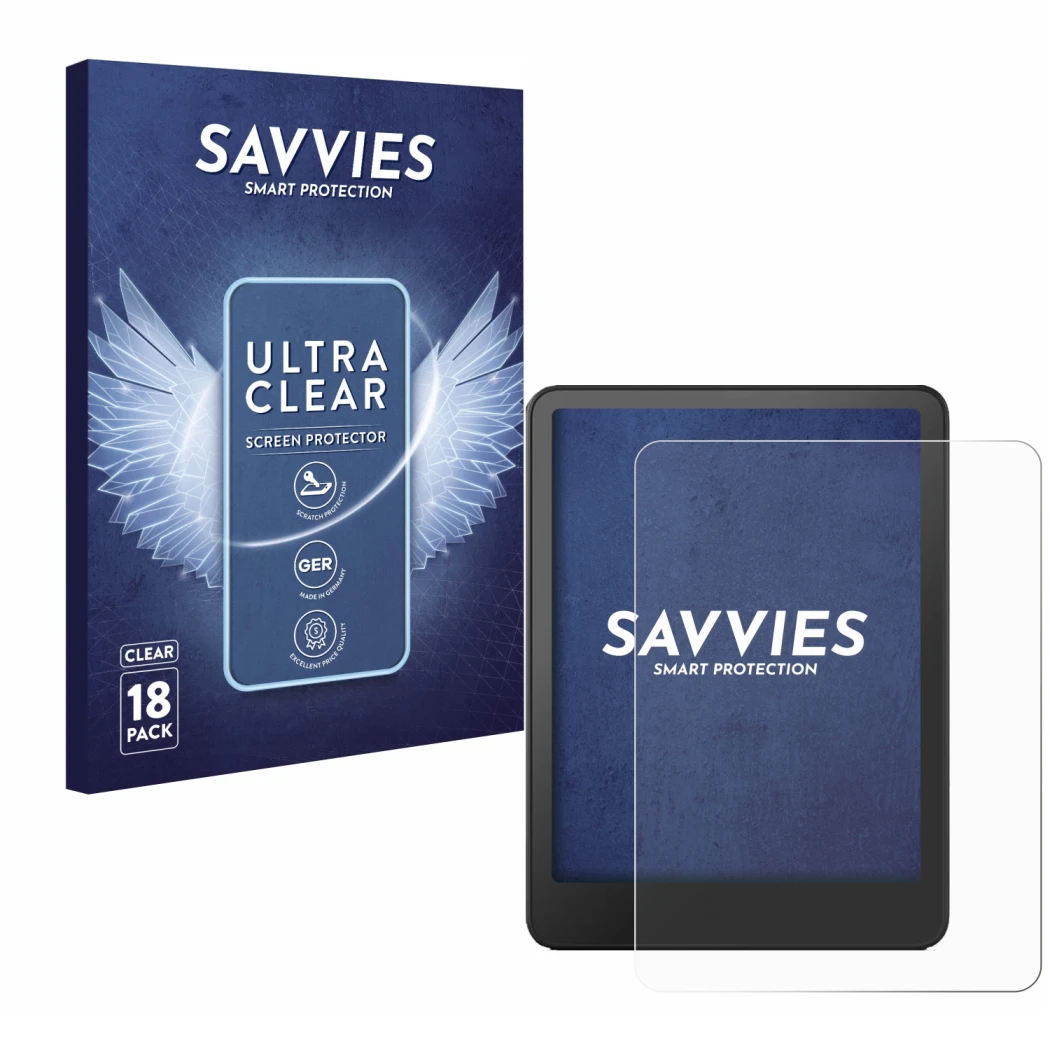 Face avant d’un emballage produit avec le logo de la marque Savvies. À côté, l’appareil Amazon Kindle Paperwhite 2024 (12. Gen