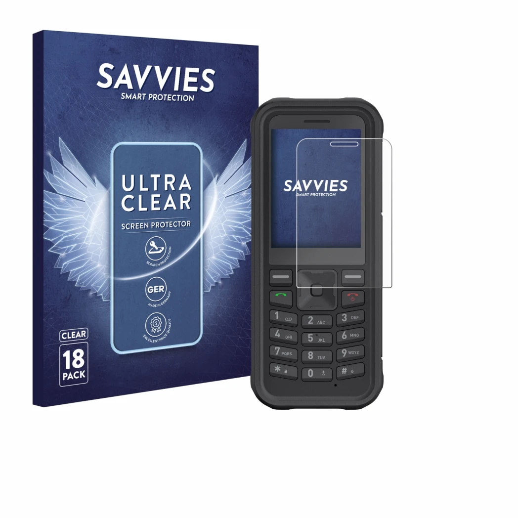 Face avant d’un emballage produit avec le logo de la marque Savvies. À côté, l’appareil Sonim XP100 est représenté avec la pro