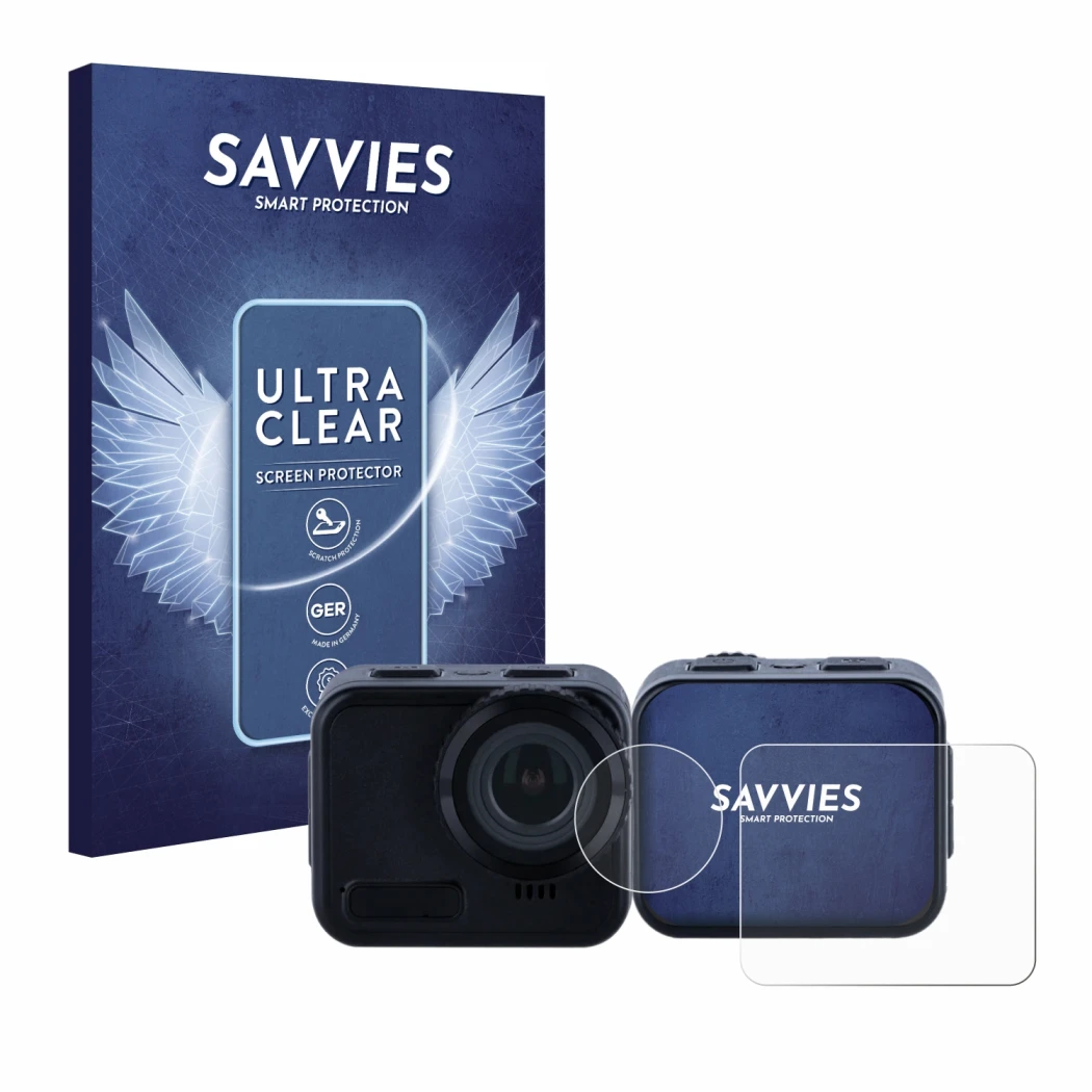 Face avant d’un emballage produit avec le logo de la marque Savvies. À côté, l’appareil Rollei 9s Cube est représenté avec la 
