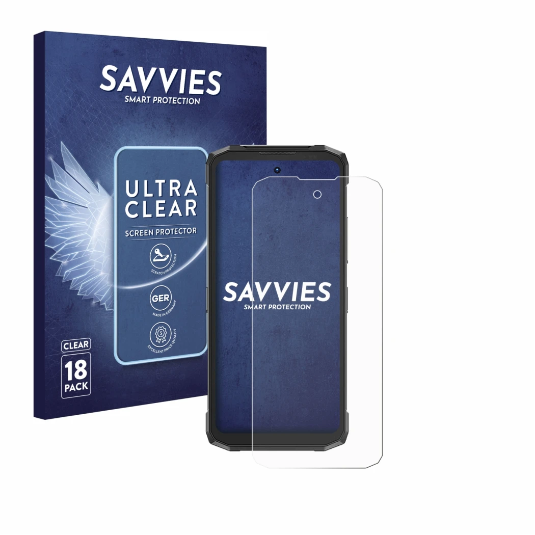 Face avant d’un emballage produit avec le logo de la marque Savvies. À côté, l’appareil Doogee Fire 6 Power est représenté ave