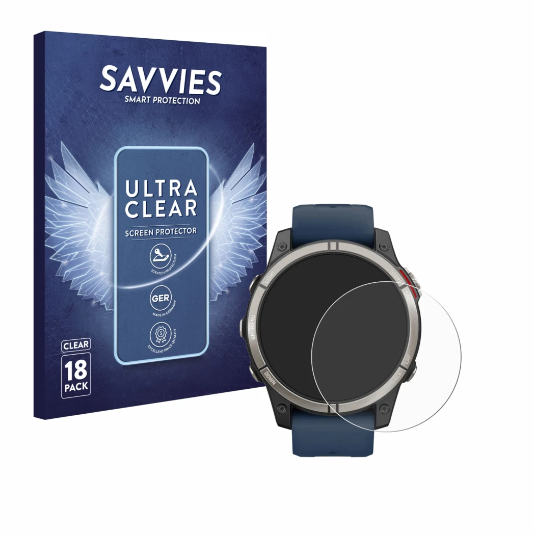 Face avant d’un emballage produit avec le logo de la marque Savvies. À côté, l’appareil Garmin quatix 7 Pro est représenté ave