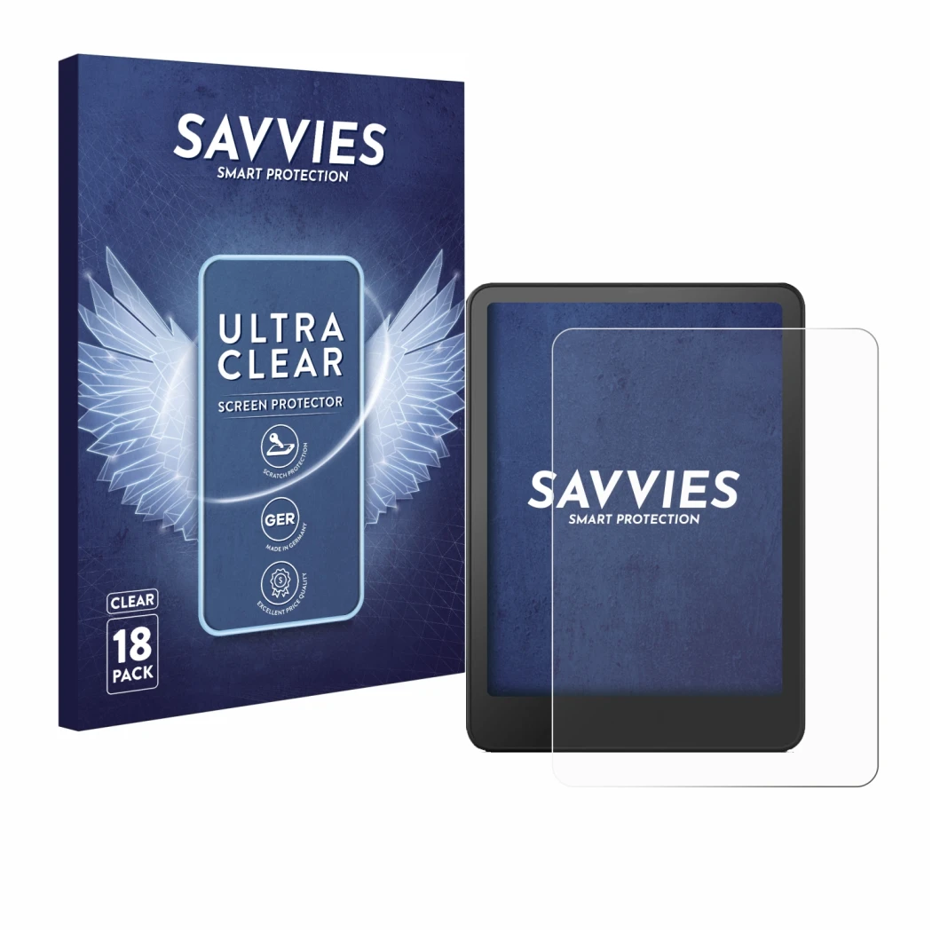 Face avant d’un emballage produit avec le logo de la marque Savvies. À côté, l’appareil Amazon Kindle Paperwhite 2024 Signatur