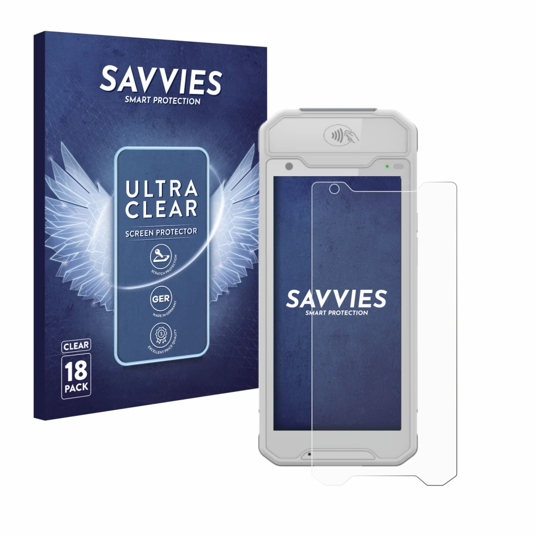 Face avant d’un emballage produit avec le logo de la marque Savvies. À côté, l’appareil Dojo Pocket est représenté avec la pro