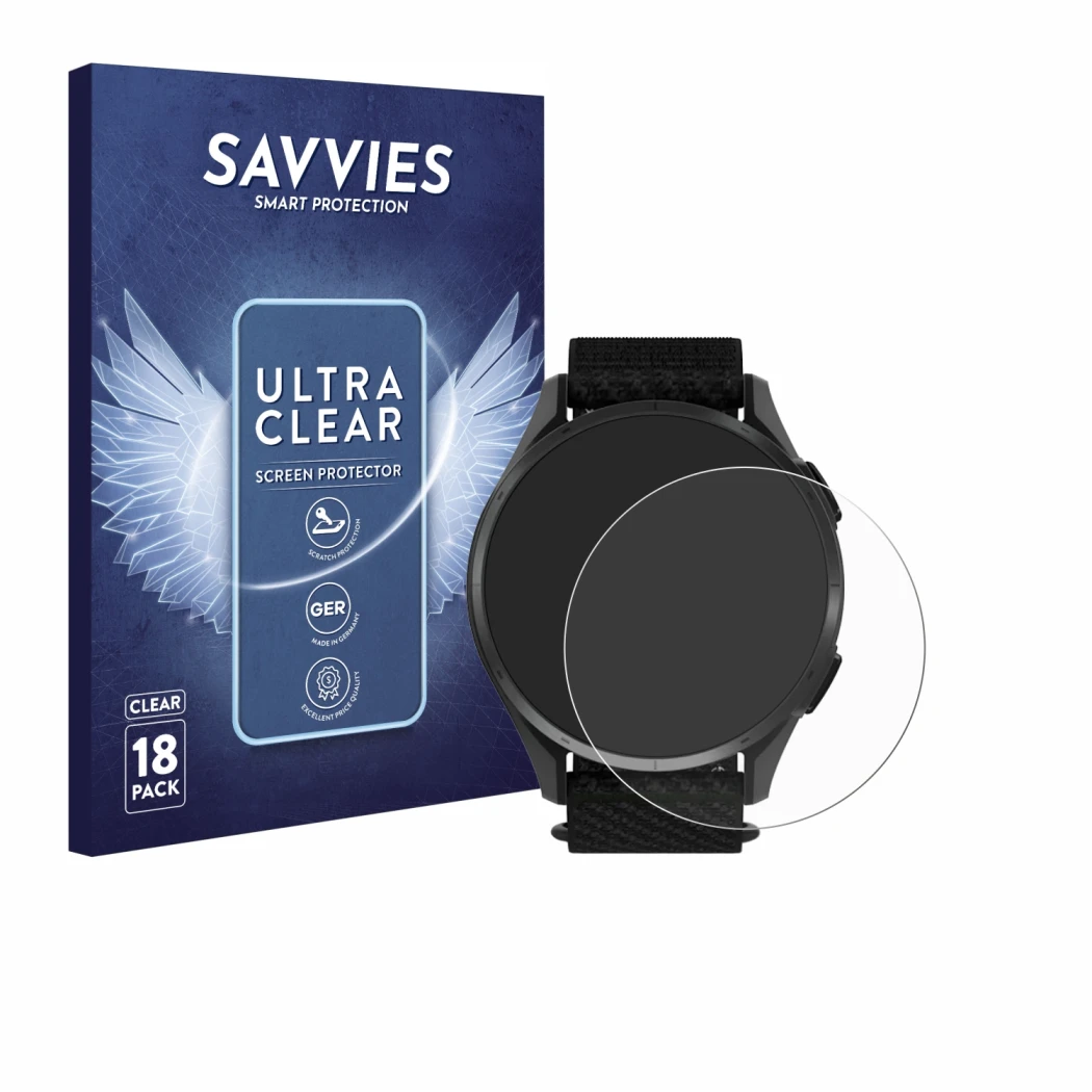 Face avant d’un emballage produit avec le logo de la marque Savvies. À côté, l’appareil Garmin Approach S50 est représenté ave
