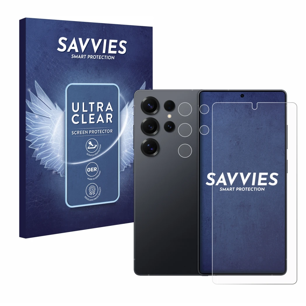Face avant d’un emballage produit avec le logo de la marque Savvies. À côté, l’appareil Samsung Galaxy S25 Ultra Enterprise Ed