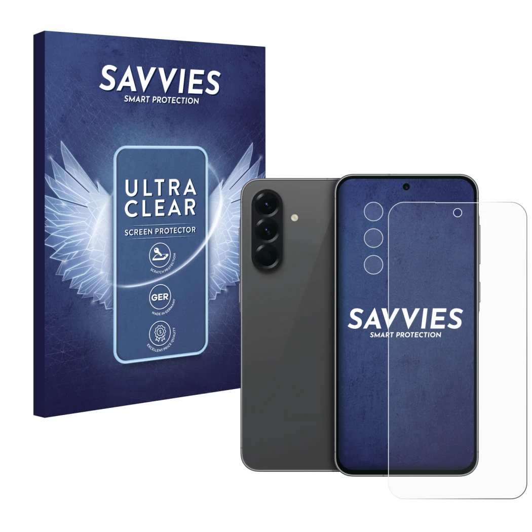 Face avant d’un emballage produit avec le logo de la marque Savvies. À côté, l’appareil Samsung Galaxy A56 5G (Avant+Caméra) e