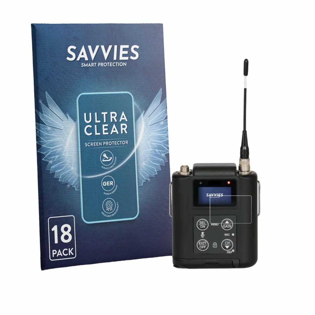 Face avant d’un emballage produit avec le logo de la marque Savvies. À côté, l’appareil Wisycom MTP60 est représenté avec la p
