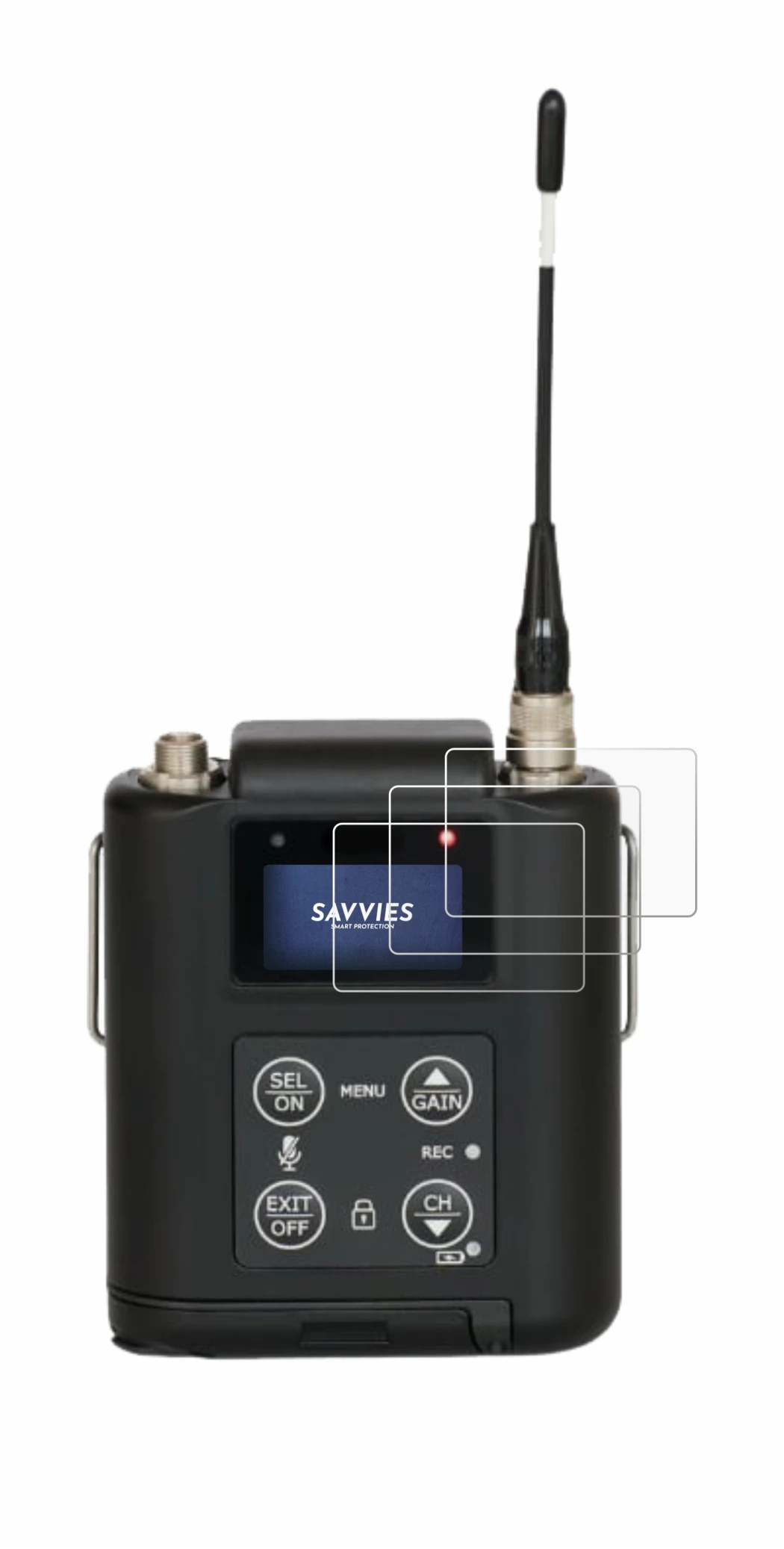 Image de l'appareil Wisycom MTP60 avec une grande variété de protections d'écran.