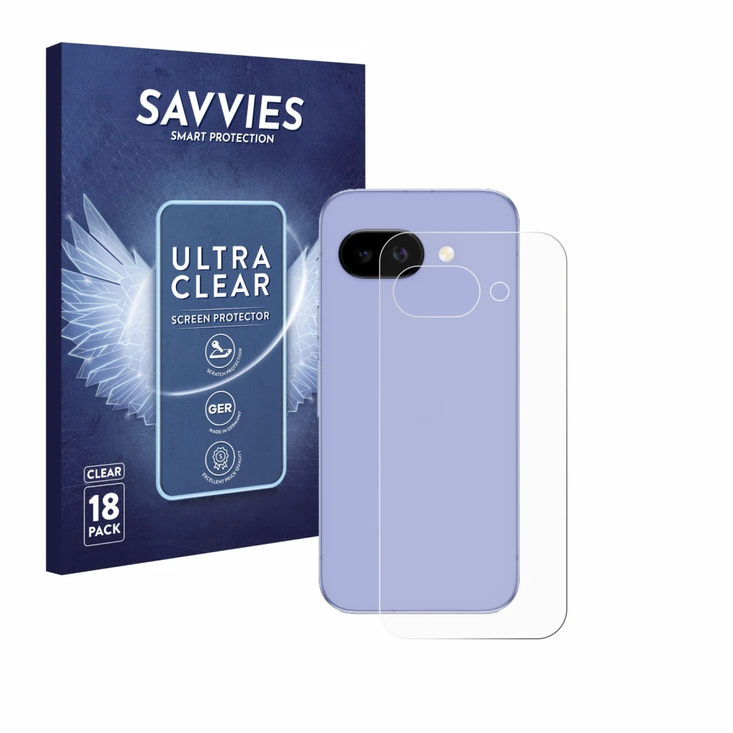 Face avant d’un emballage produit avec le logo de la marque Savvies. À côté, l’appareil Google Pixel 9a (Arrière) est représen