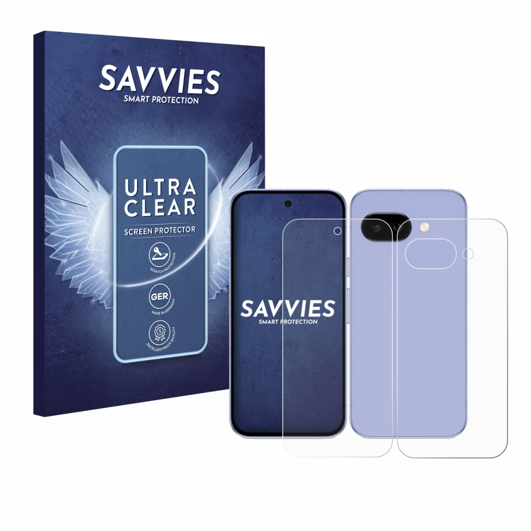 Face avant d’un emballage produit avec le logo de la marque Savvies. À côté, l’appareil Google Pixel 9a (Avant+Arrière) est re