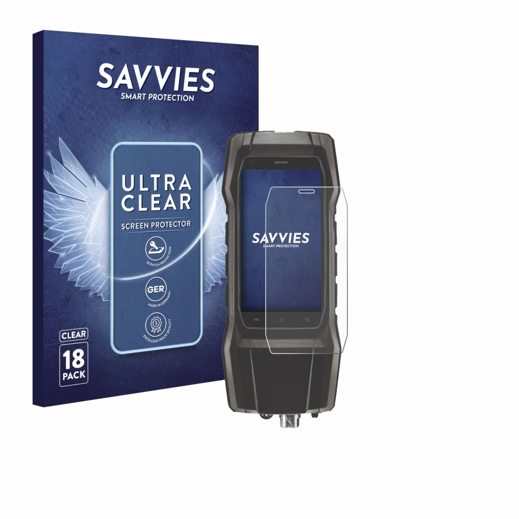 Face avant d’un emballage produit avec le logo de la marque Savvies. À côté, l’appareil Testo 300 est représenté avec la prote