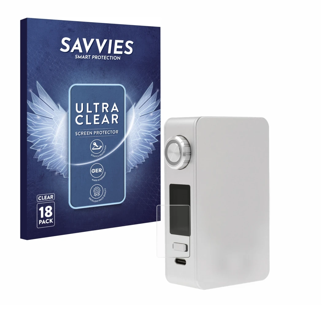 Face avant d’un emballage produit avec le logo de la marque Savvies. À côté, l’appareil Lost Vape Centaurus M200 est représent
