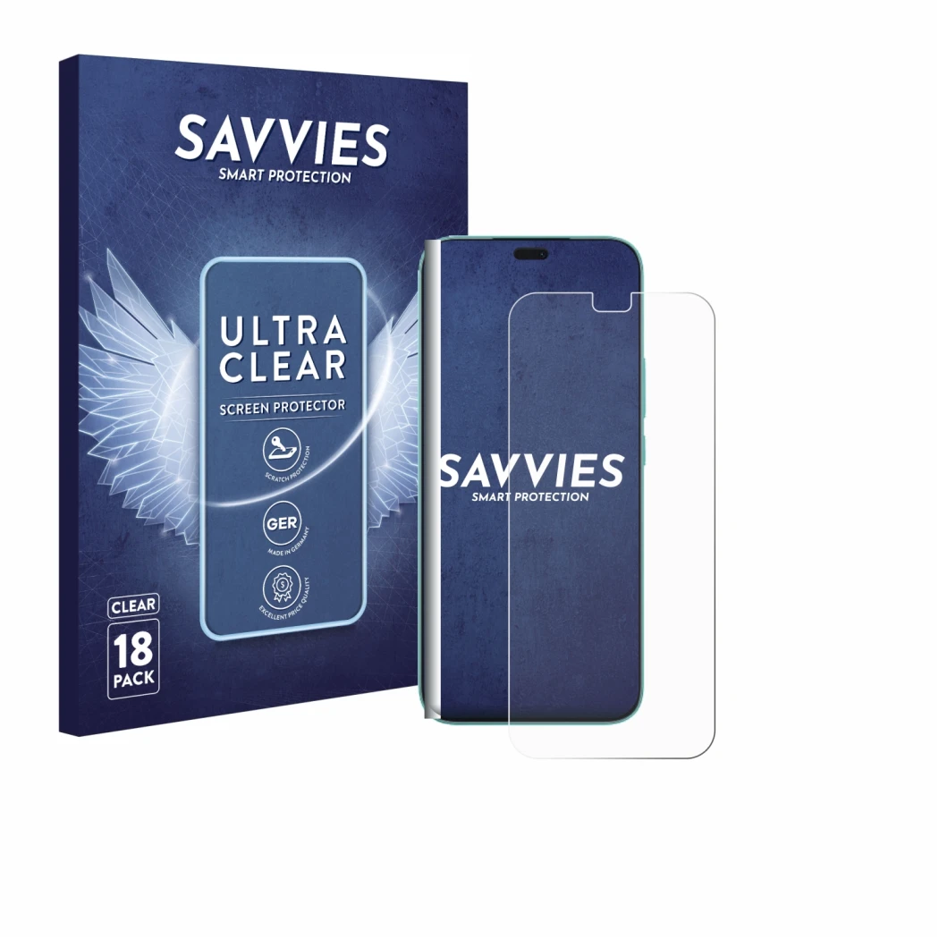 Face avant d’un emballage produit avec le logo de la marque Savvies. À côté, l’appareil Honor 400 Lite est représenté avec la 