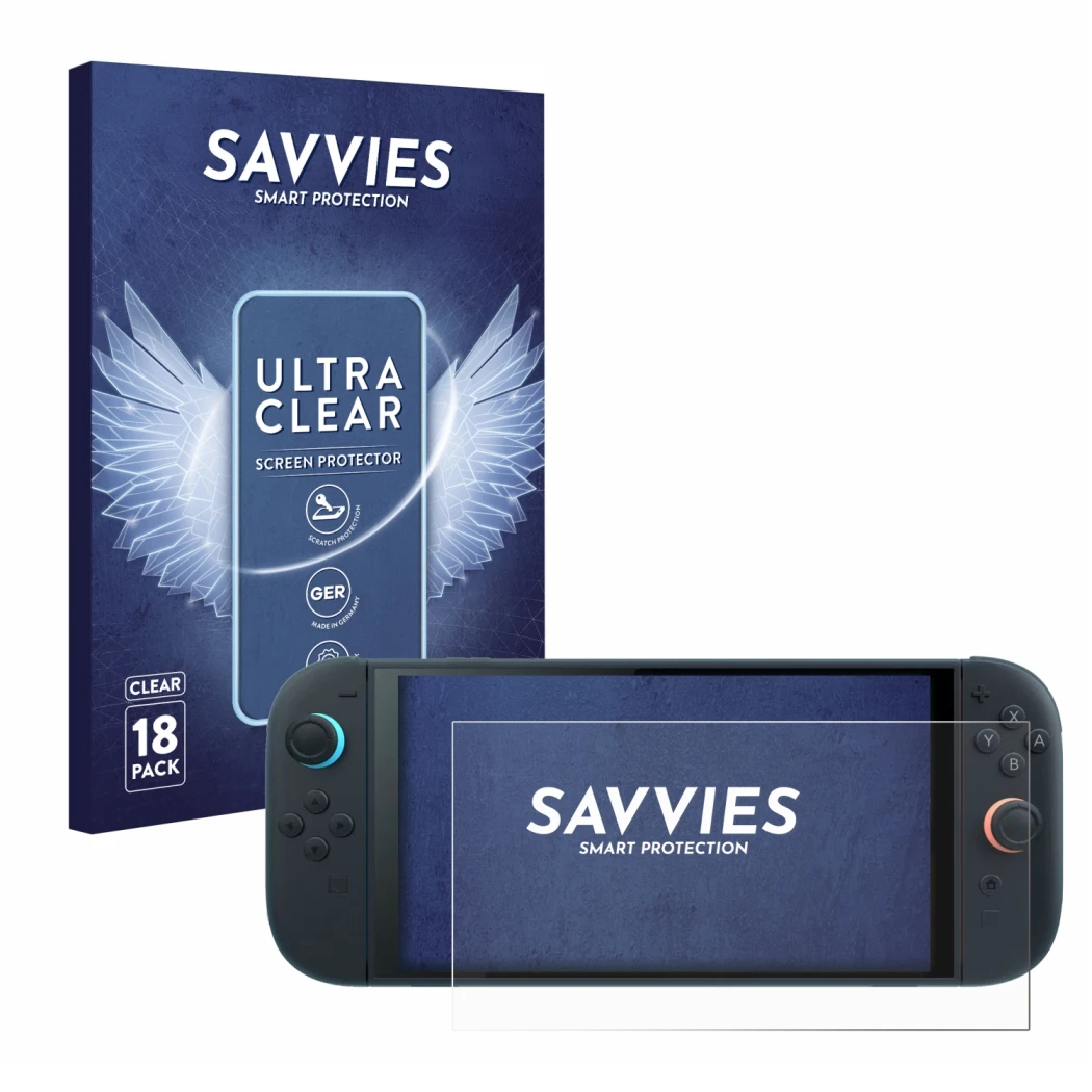 Face avant d’un emballage produit avec le logo de la marque Savvies. À côté, l’appareil Nintendo Switch 2 est représenté avec 