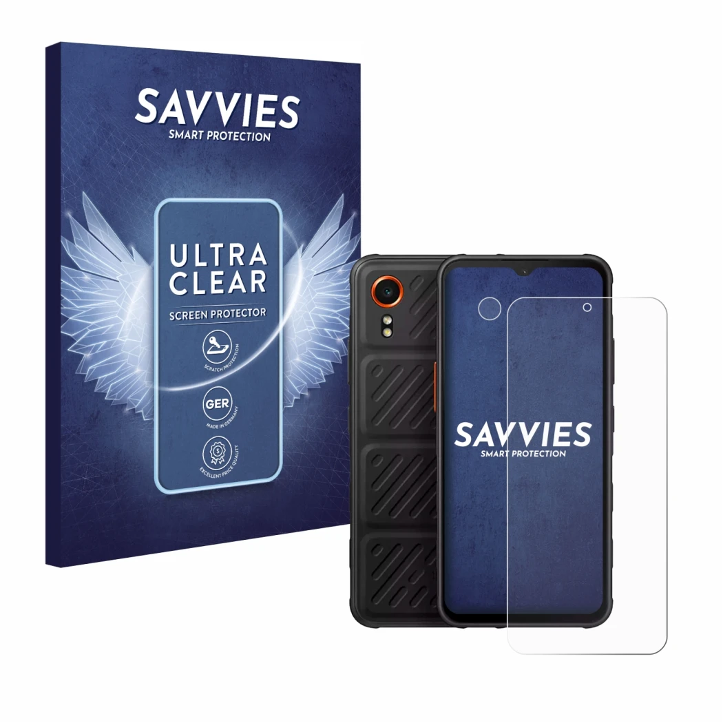 Face avant d’un emballage produit avec le logo de la marque Savvies. À côté, l’appareil Samsung Galaxy XCover 7 Enterprise Edi