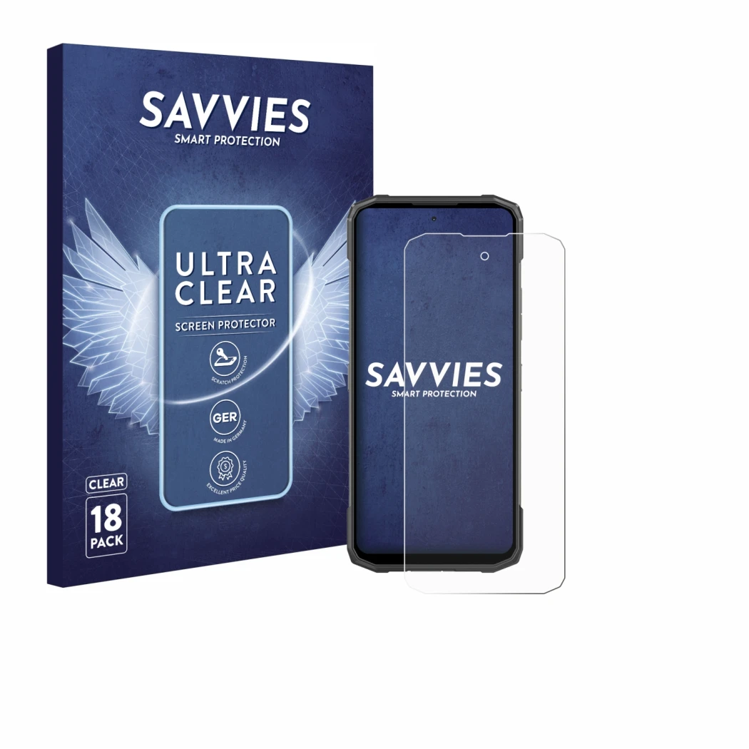 Face avant d’un emballage produit avec le logo de la marque Savvies. À côté, l’appareil Doogee Blade 20 Turbo est représenté a